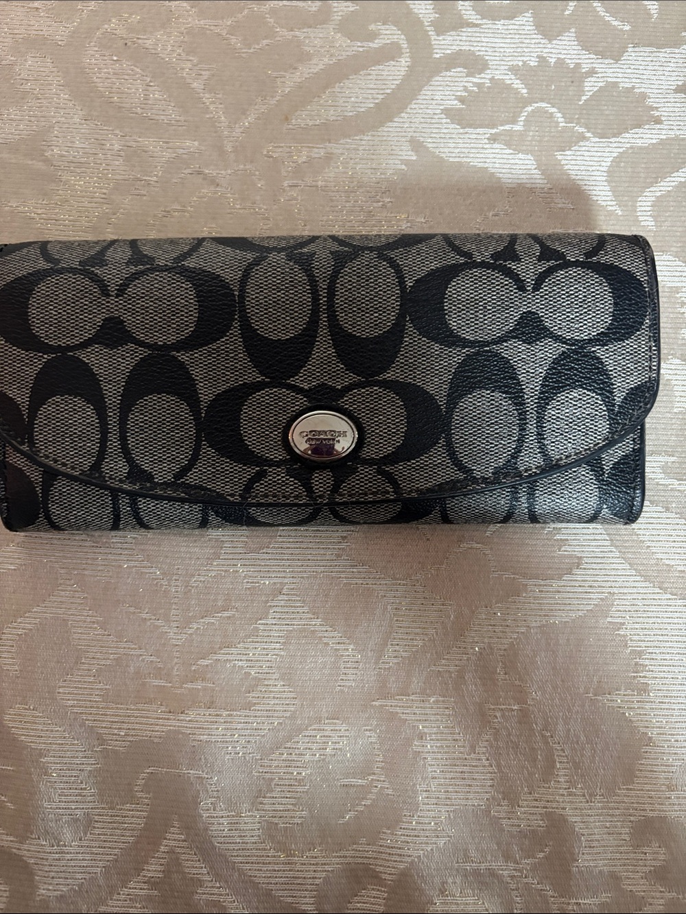 Coach Signature Continental Wallet in Black and Gray Jacquard